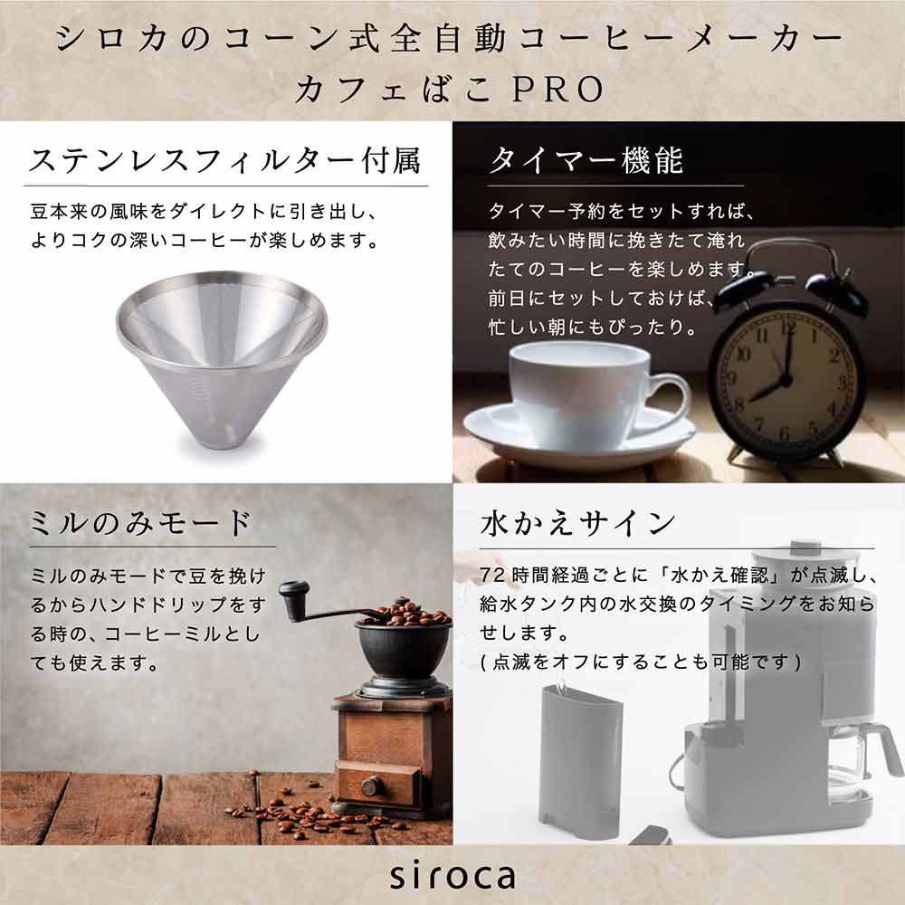 siroca コーン式全自動コーヒーメーカー カフェばこPRO CM-6C261(K) / siroca（シロカ） / コーヒーメーカー・コーヒーサーバー・エスプレッソマシン / SIR10062_dt_15.jpg